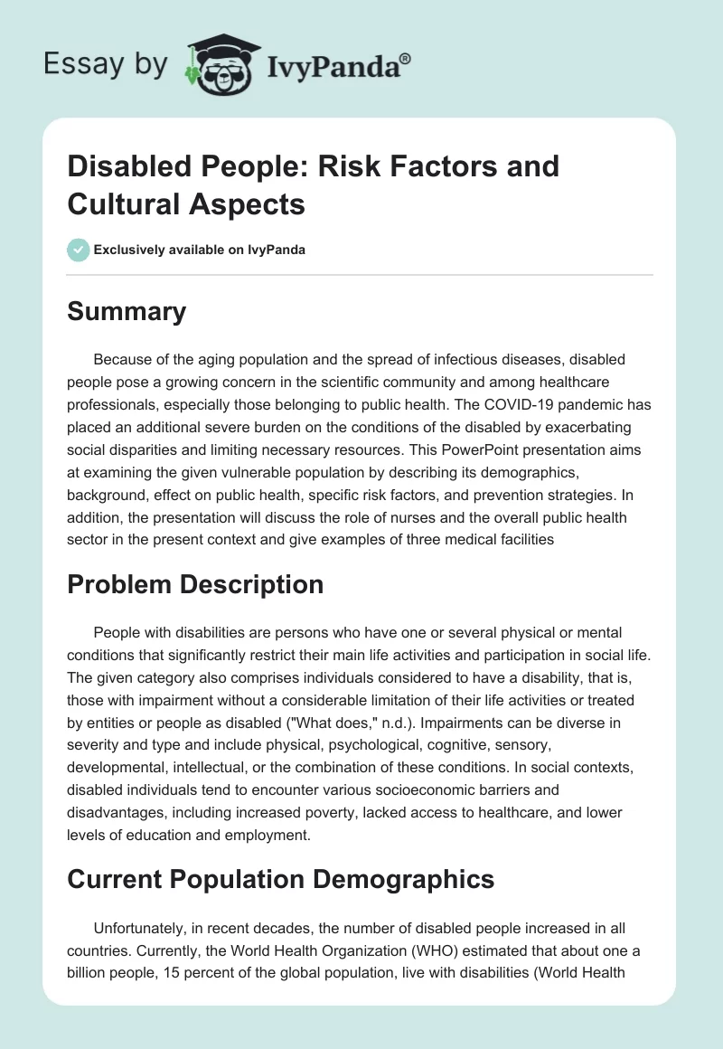 Disabled People: Risk Factors and Cultural Aspects. Page 1