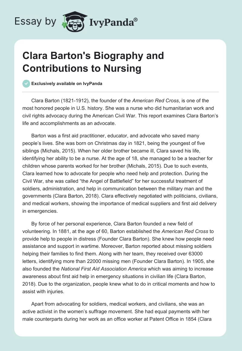 Clara Barton's Biography and Contributions to Nursing. Page 1