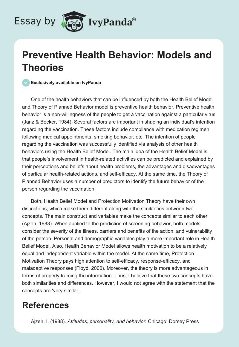 Preventive Health Behavior: Models and Theories. Page 1