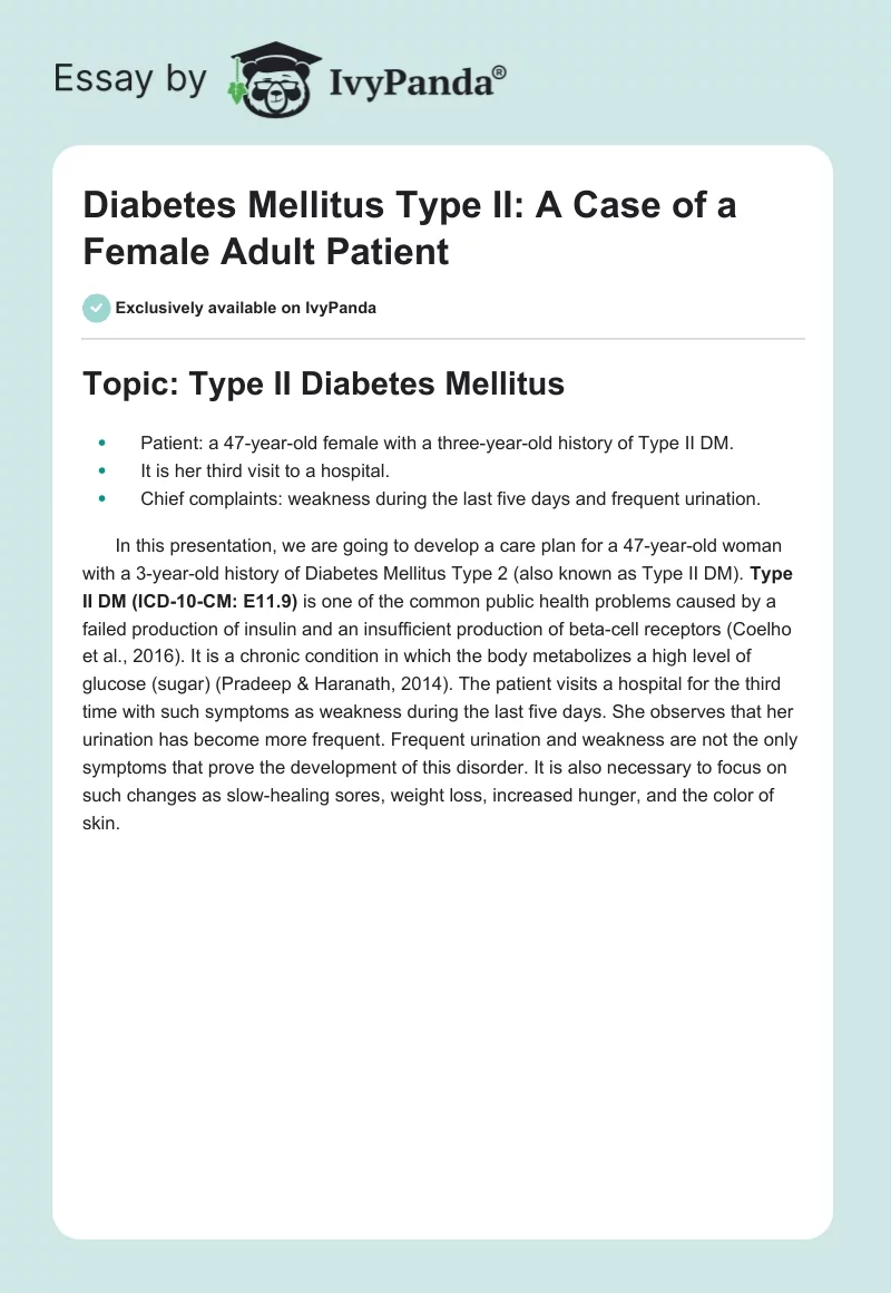Diabetes Mellitus Type II: A Case of a Female Adult Patient. Page 1