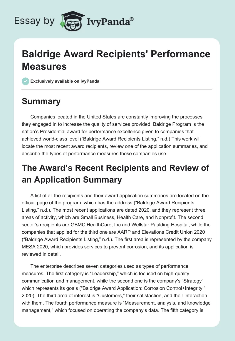 Baldrige Award Recipients' Performance Measures. Page 1