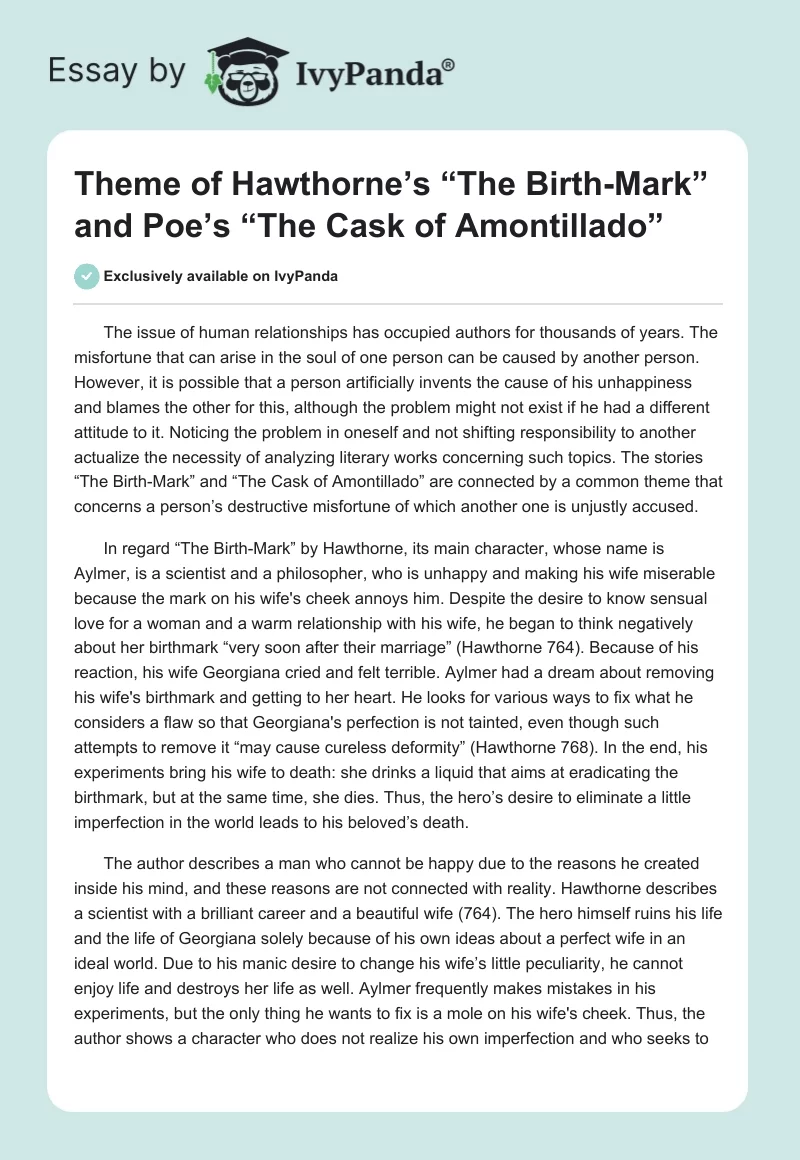 Theme of Hawthorne’s “The Birth-Mark” and Poe’s “The Cask of Amontillado”. Page 1