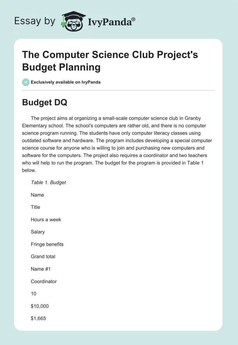 The Computer Science Club Project's Budget Planning. Page 1