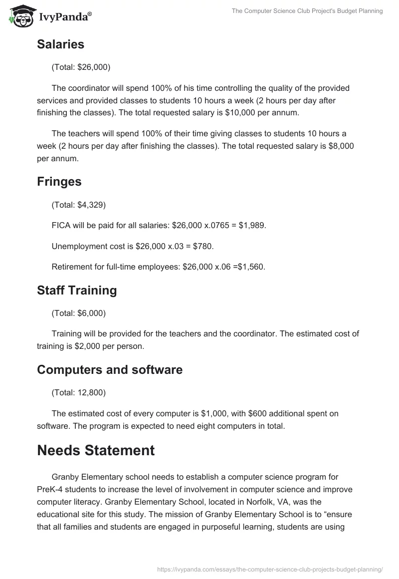 The Computer Science Club Project's Budget Planning. Page 3
