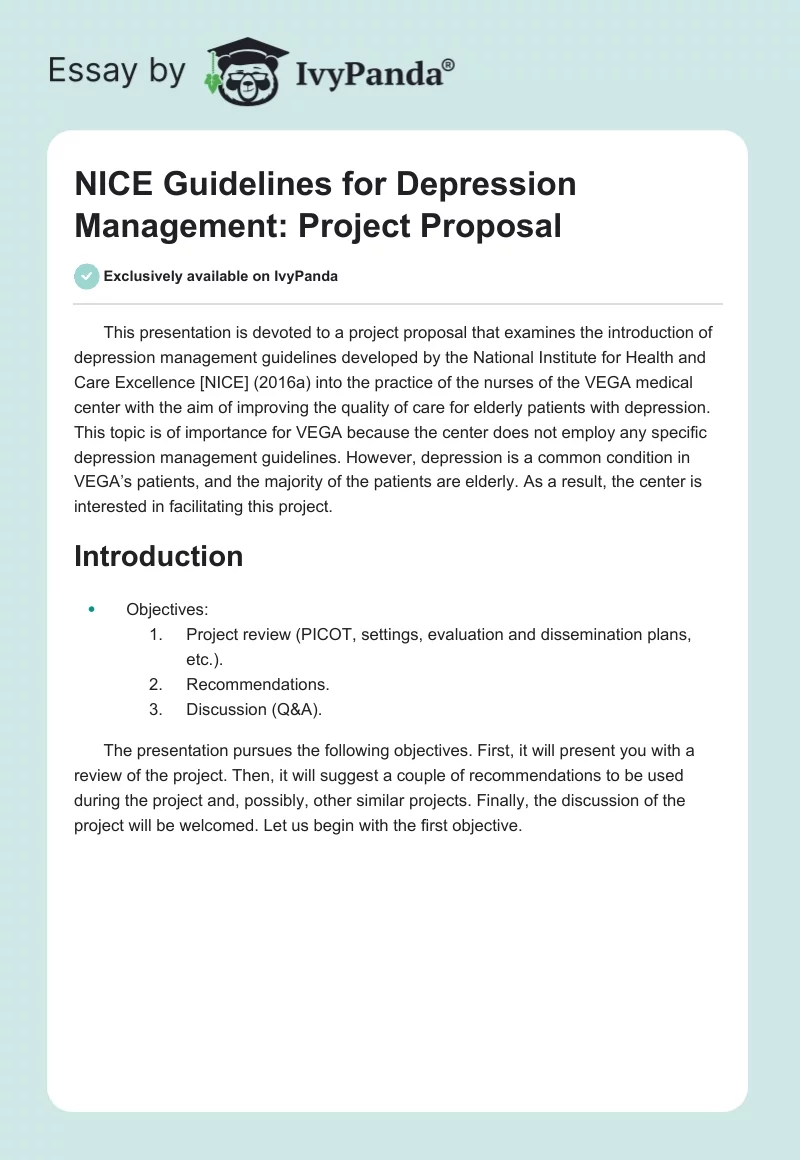 NICE Guidelines for Depression Management: Project Proposal. Page 1