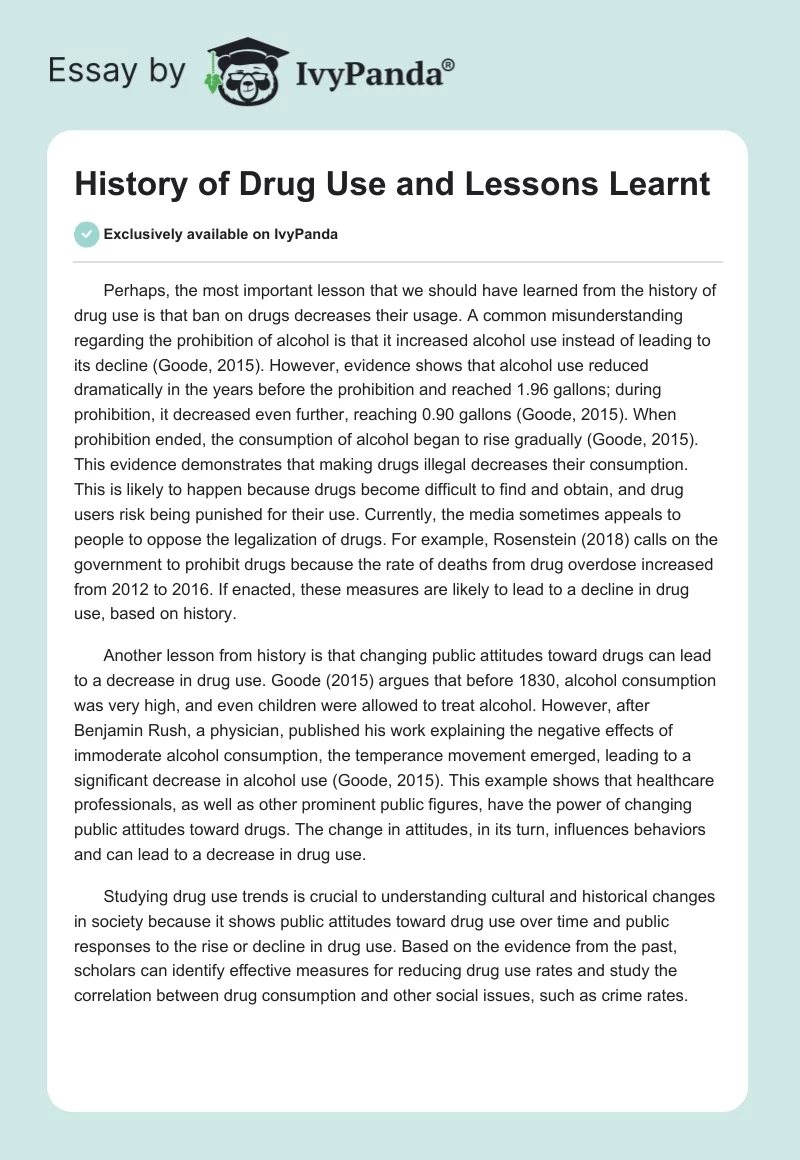 History of Drug Use and Lessons Learnt. Page 1