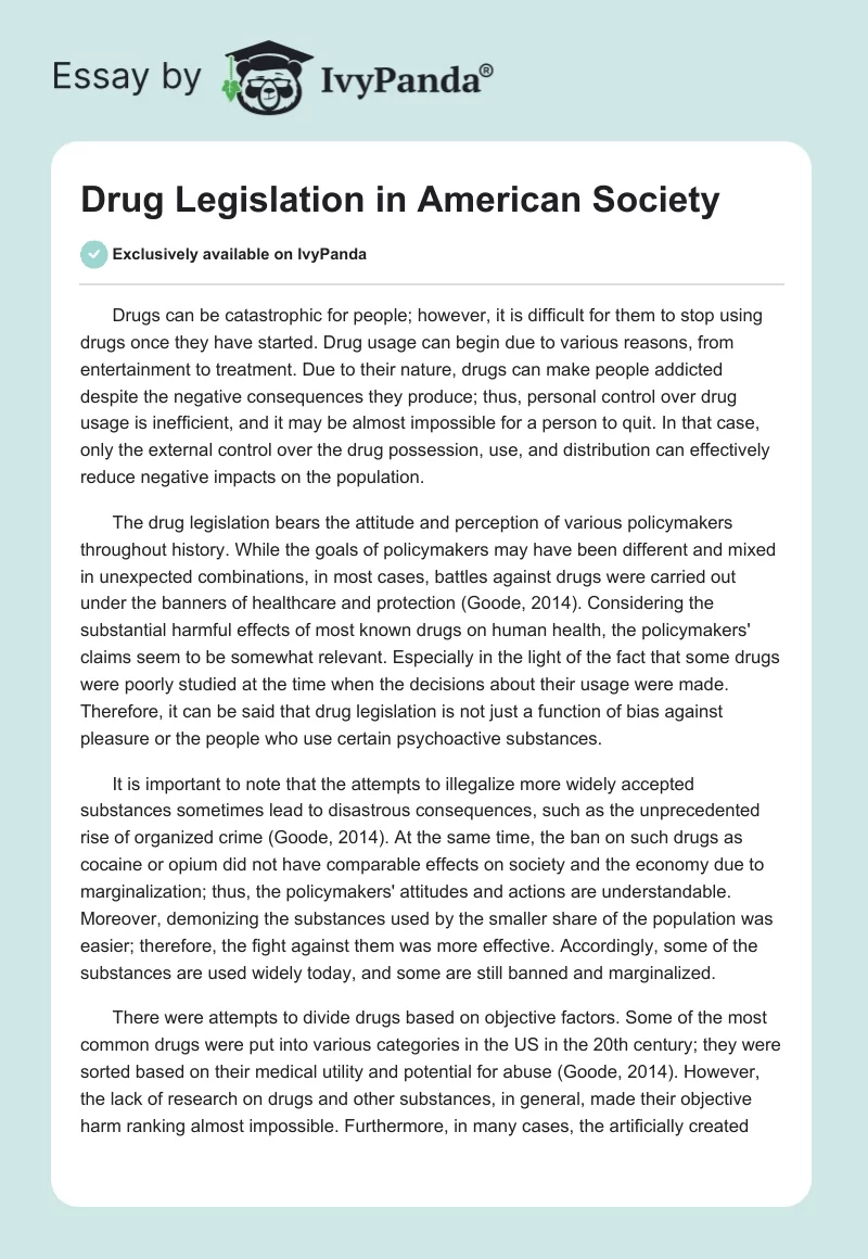 Drug Legislation in American Society. Page 1