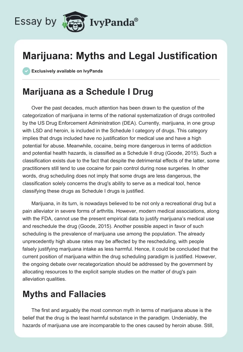 Marijuana: Myths and Legal Justification. Page 1