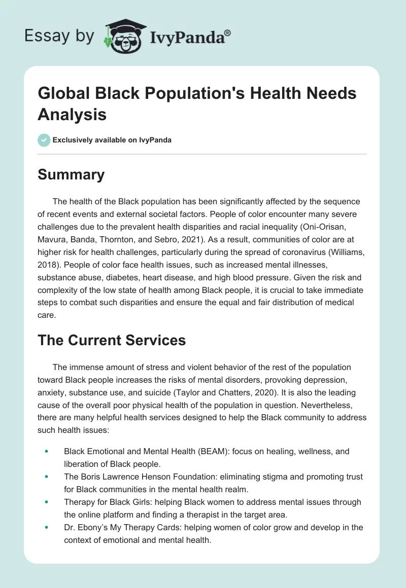 Global Black Population's Health Needs Analysis. Page 1