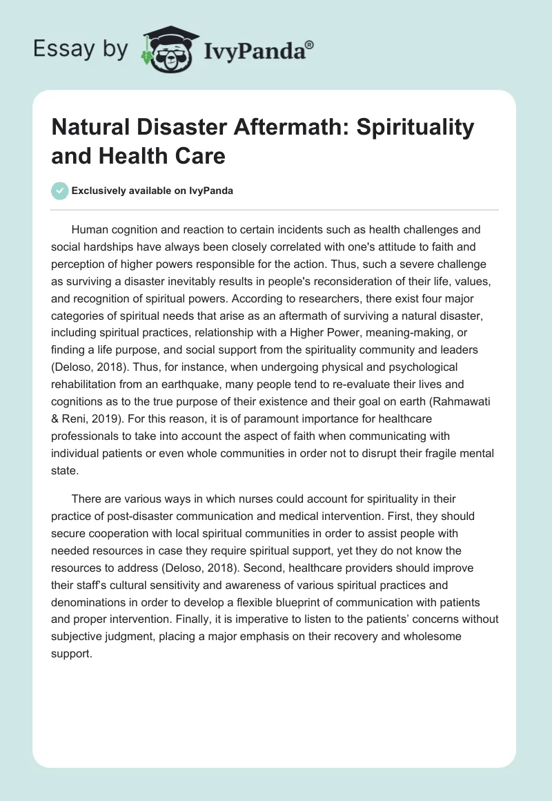 Natural Disaster Aftermath: Spirituality and Health Care. Page 1