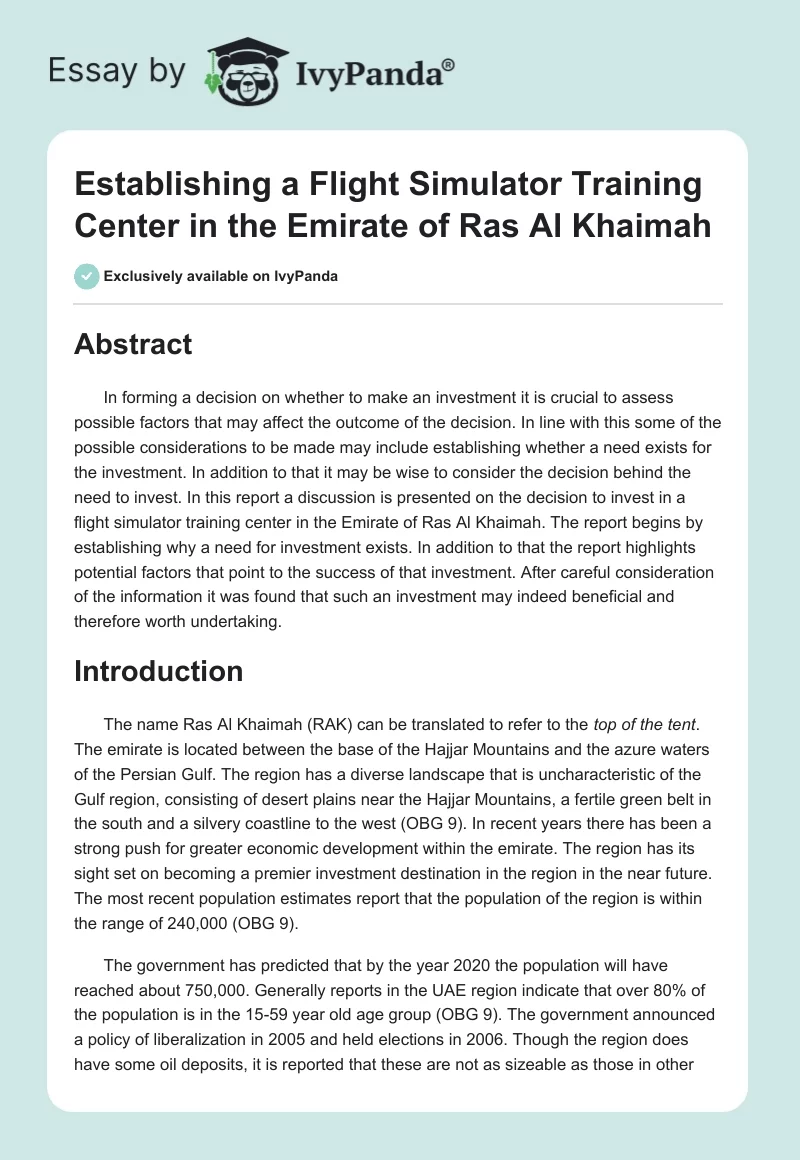 Establishing a Flight Simulator Training Center in the Emirate of Ras Al Khaimah. Page 1