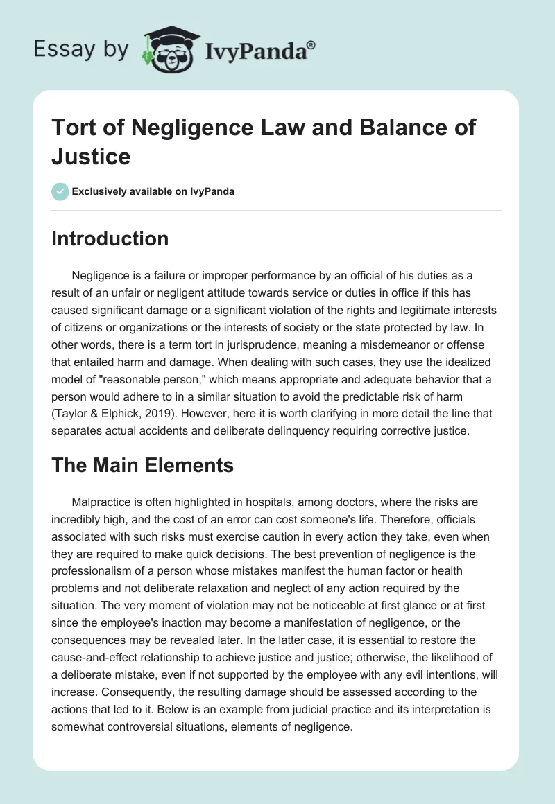 Tort of Negligence Law and Balance of Justice. Page 1