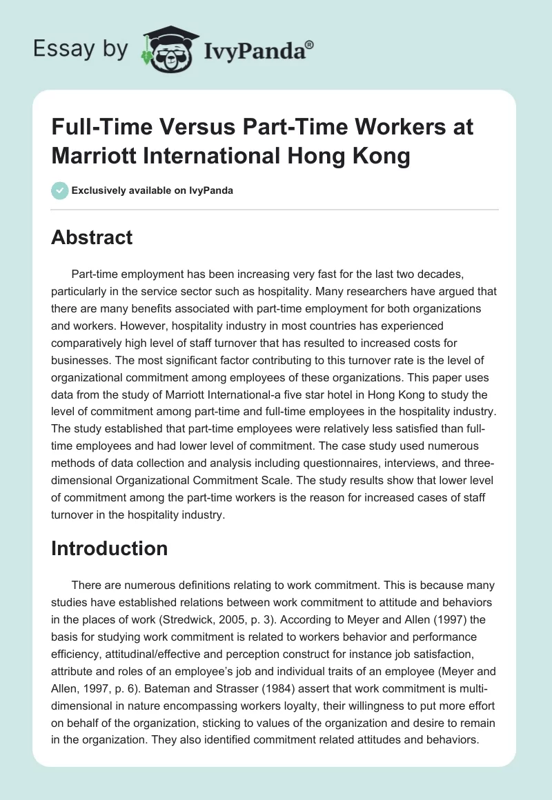 Full-Time Versus Part-Time Workers at Marriott International Hong Kong. Page 1