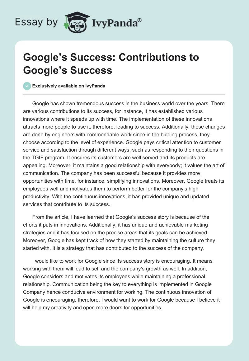 Google’s Success: Contributions to Google’s Success. Page 1