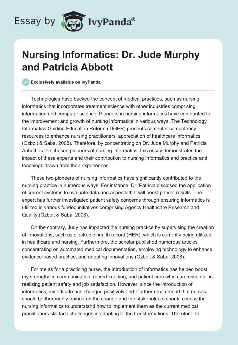 Nursing Informatics: Dr. Jude Murphy and Patricia Abbott. Page 1