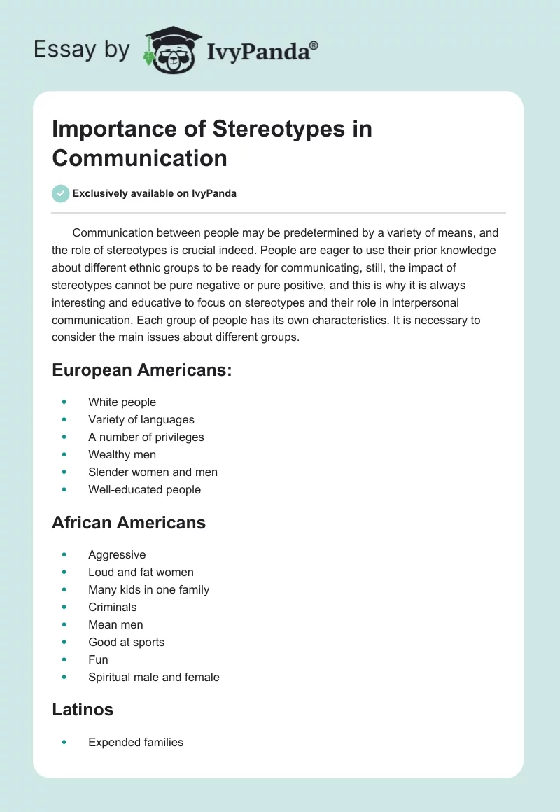 Importance of Stereotypes in Communication. Page 1