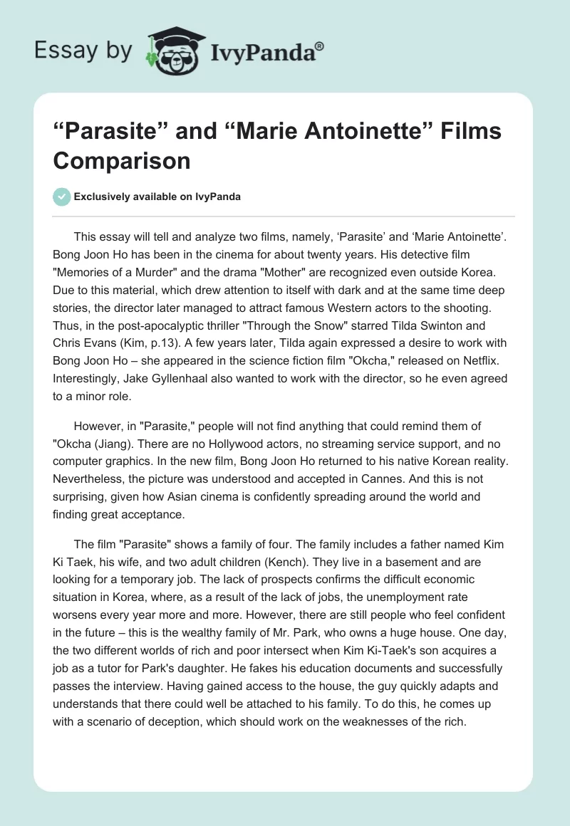 “Parasite” and “Marie Antoinette” Films Comparison. Page 1