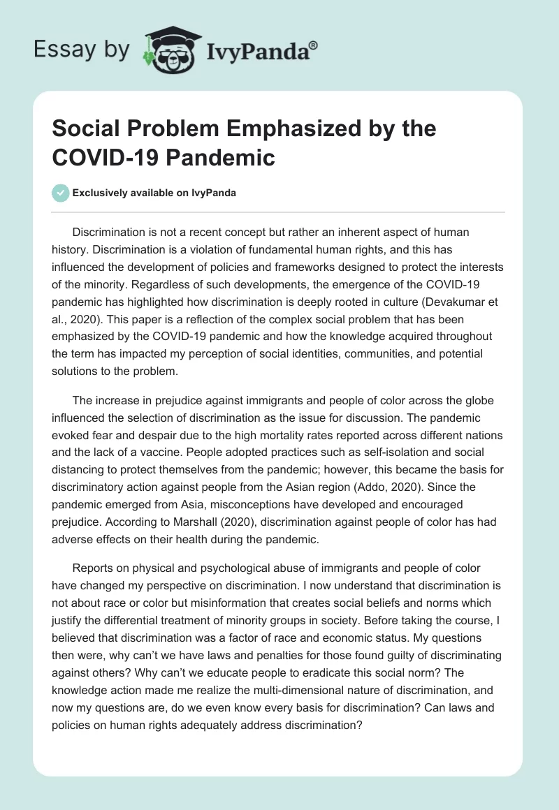 Social Problem Emphasized by the COVID-19 Pandemic. Page 1