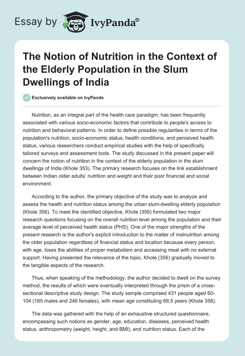 The Notion of Nutrition in the Context of the Elderly Population in the Slum Dwellings of India. Page 1
