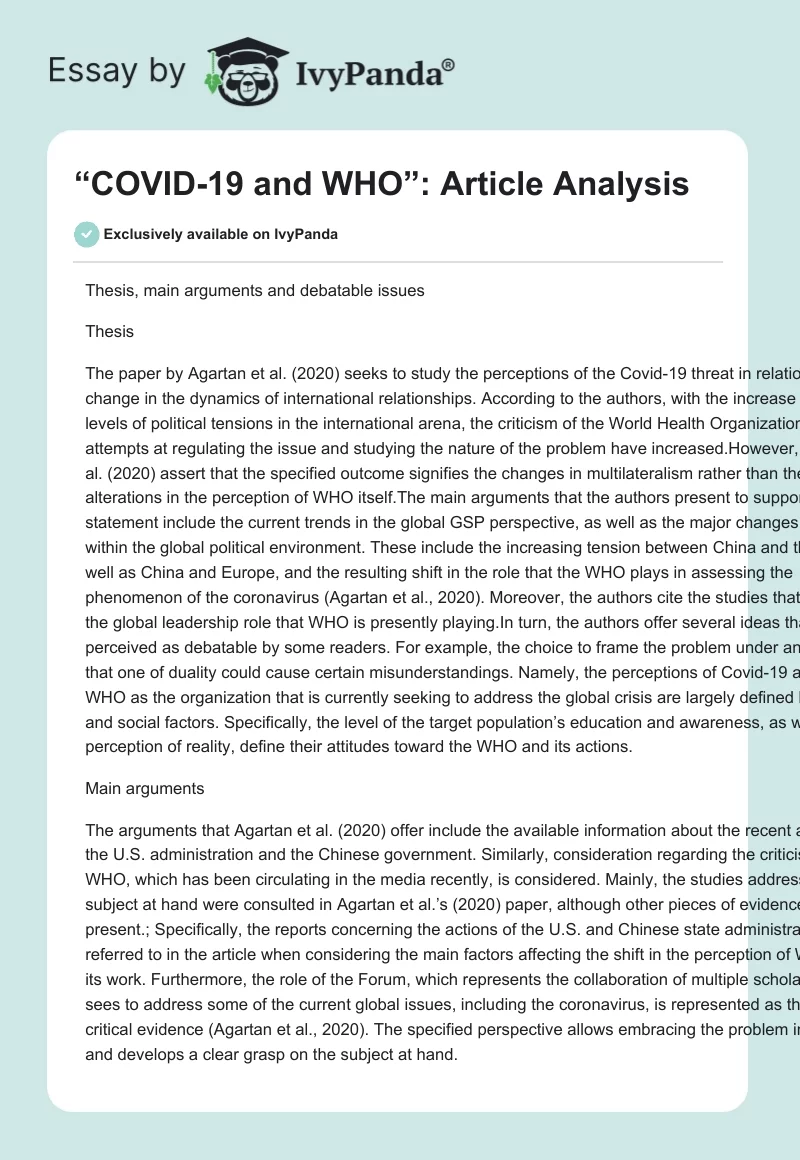 “COVID-19 and WHO”: Article Analysis. Page 1