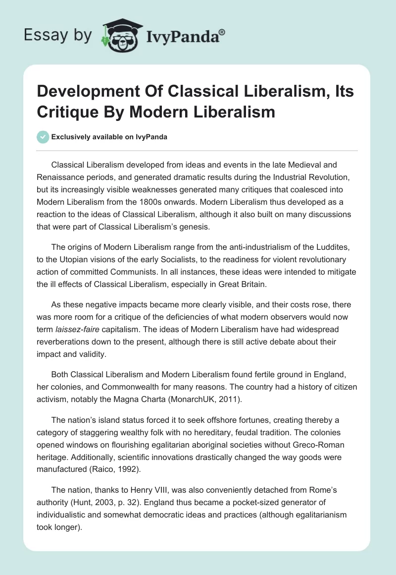 Development Of Classical Liberalism, Its Critique By Modern Liberalism. Page 1