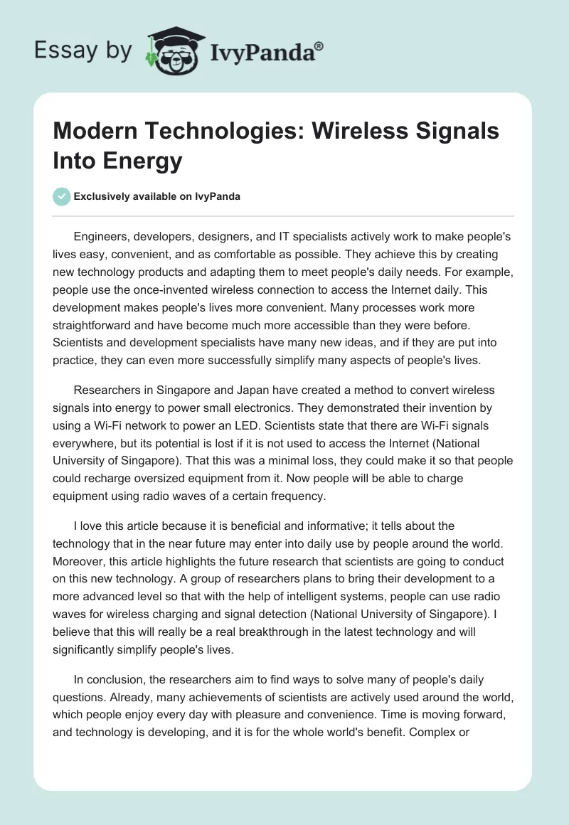 Modern Technologies: Wireless Signals Into Energy. Page 1