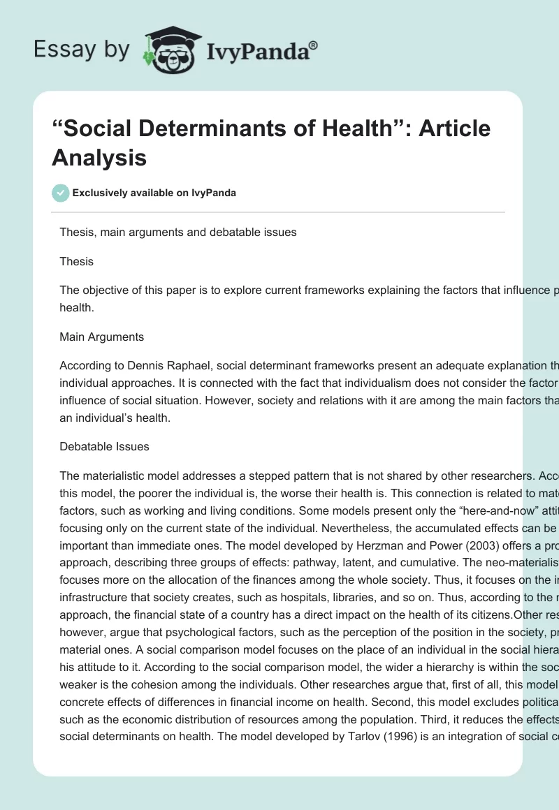“Social Determinants of Health”: Article Analysis. Page 1