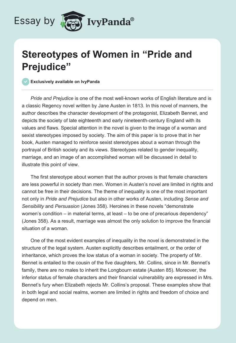 Stereotypes of Women in “Pride and Prejudice”. Page 1