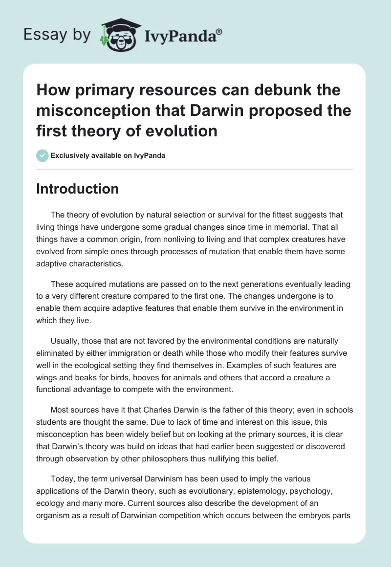 How primary resources can debunk the misconception that Darwin proposed the first theory of evolution. Page 1