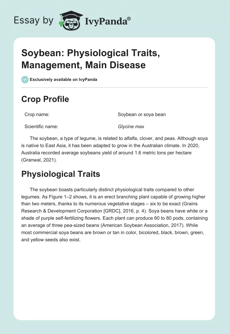 Soybean: Physiological Traits, Management, Main Disease. Page 1