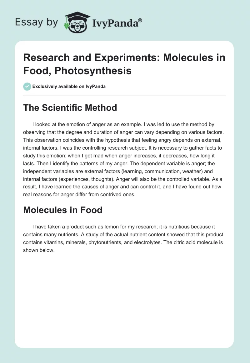 Research and Experiments: Molecules in Food, Photosynthesis. Page 1