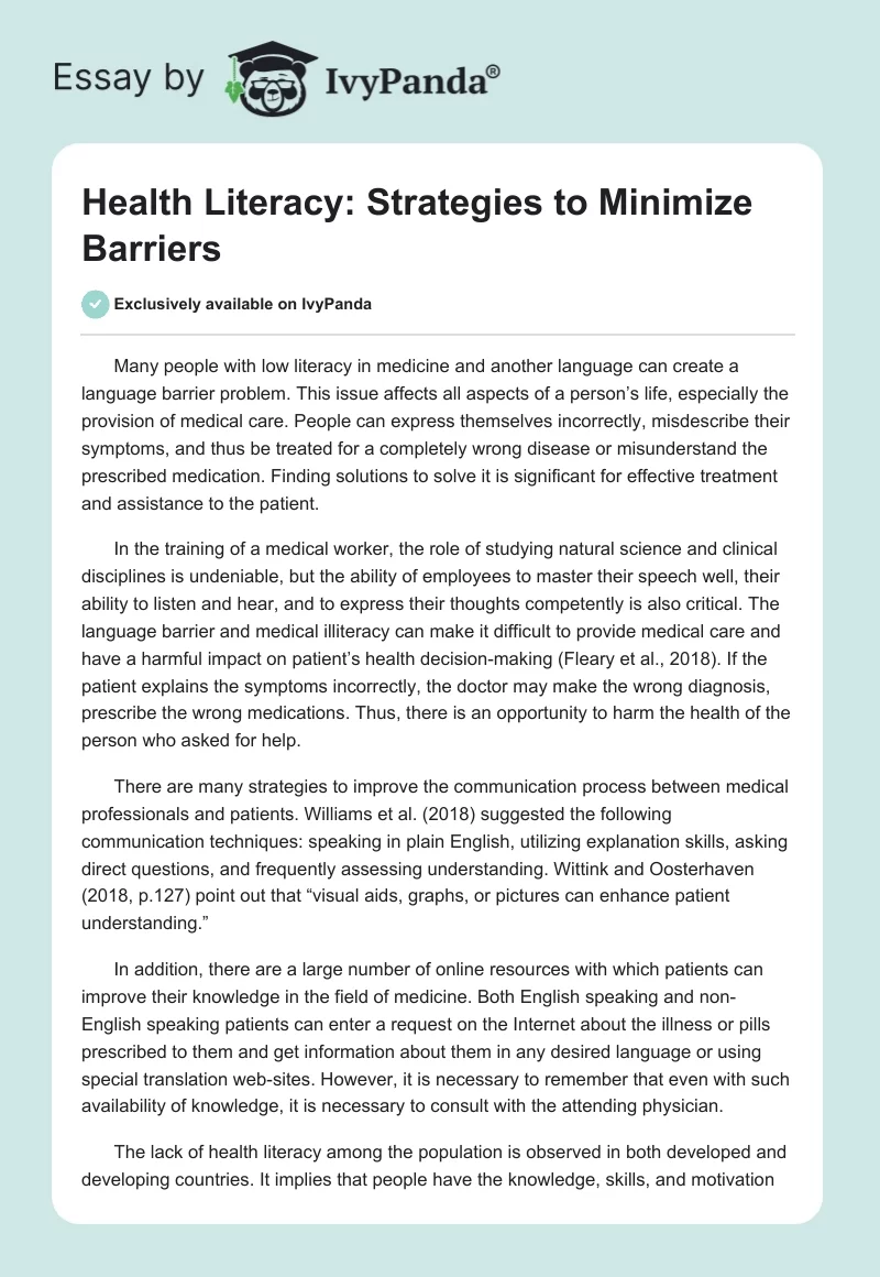 Health Literacy: Strategies to Minimize Barriers. Page 1