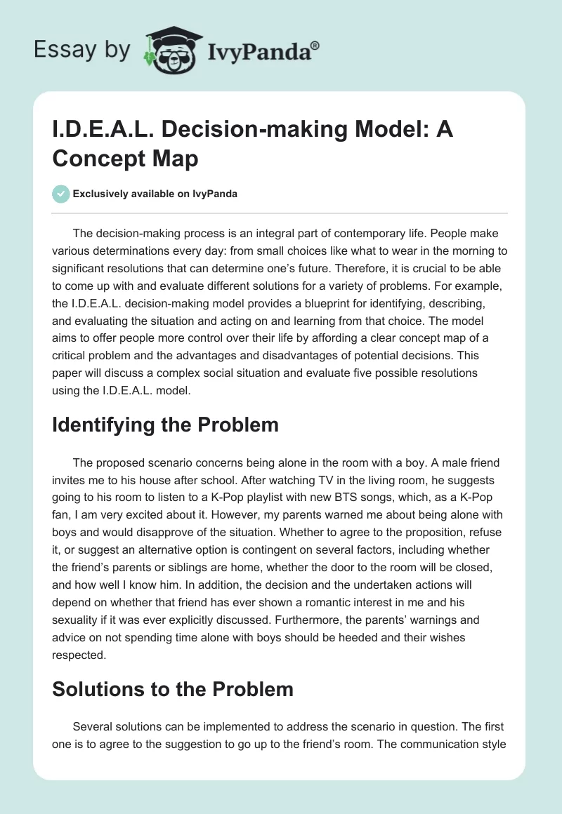I.D.E.A.L. Decision-making Model: A Concept Map. Page 1