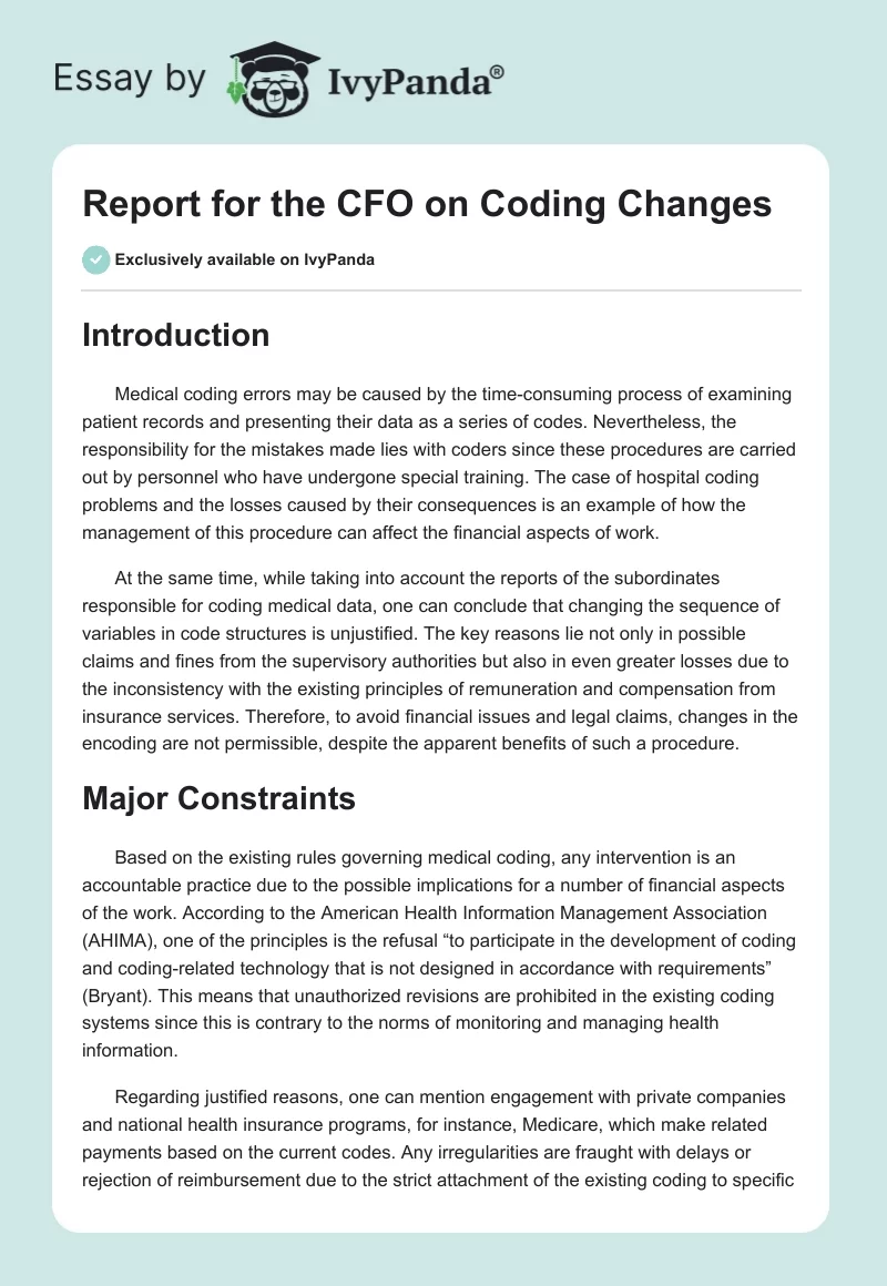 Report for the CFO on Coding Changes. Page 1