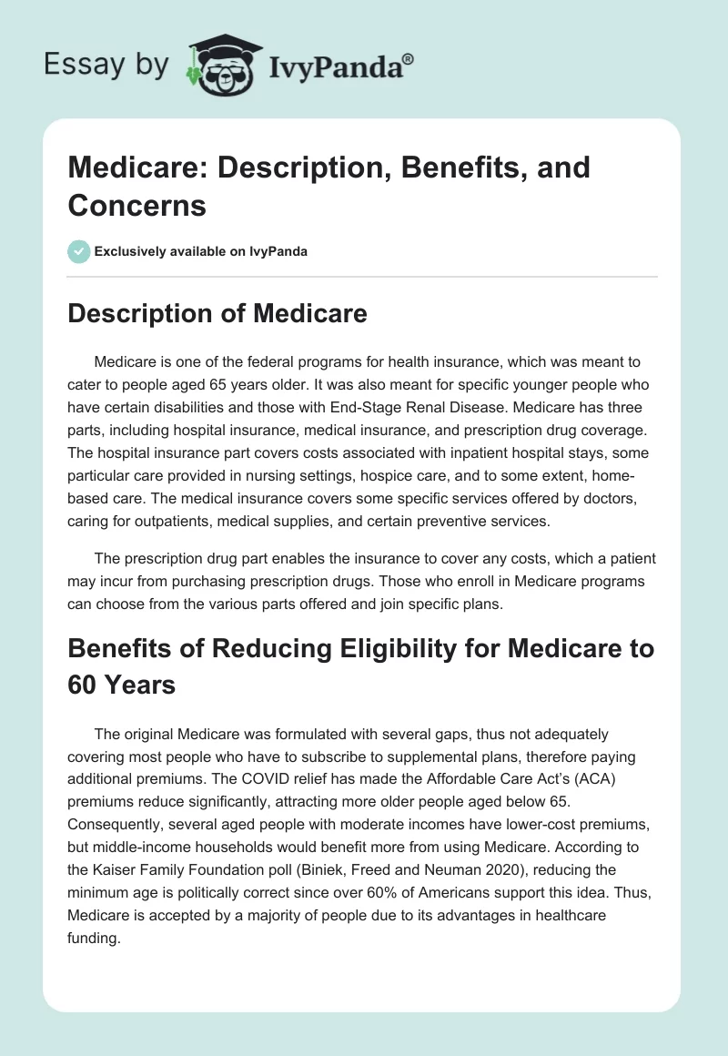 Medicare: Description, Benefits, and Concerns. Page 1