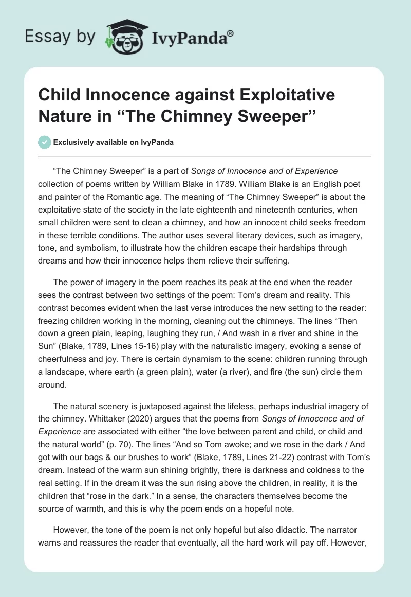 Child Innocence against Exploitative Nature in “The Chimney Sweeper”. Page 1