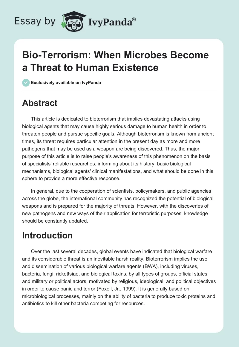 Bio-Terrorism: When Microbes Become a Threat to Human Existence. Page 1