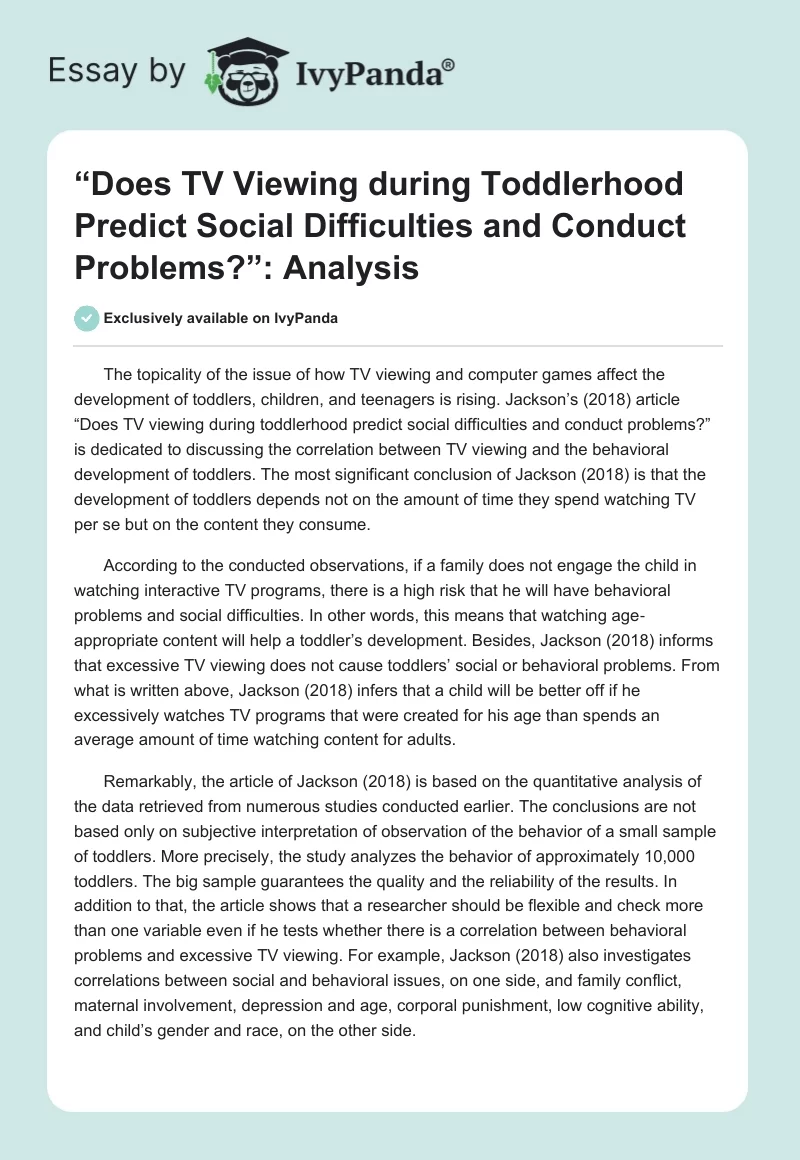 “Does TV Viewing During Toddlerhood Predict Social Difficulties and Conduct Problems?”: Analysis. Page 1