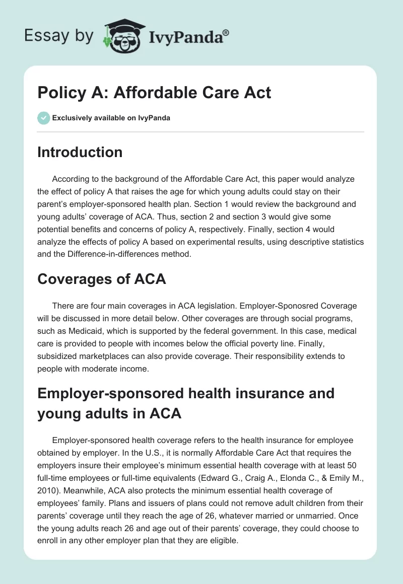 Policy A: Affordable Care Act. Page 1