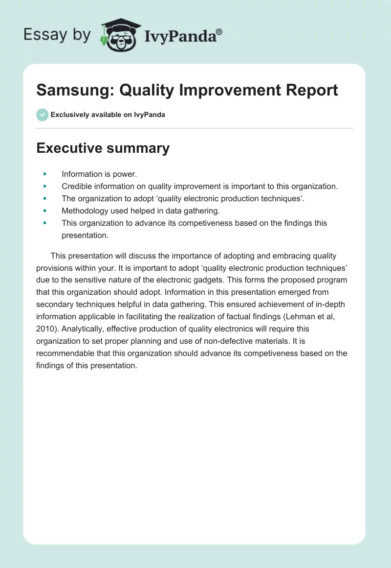 Samsung: Quality Improvement Report. Page 1