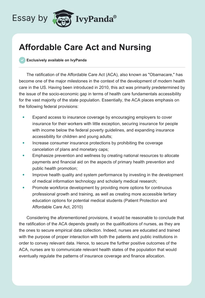 Affordable Care Act and Nursing. Page 1