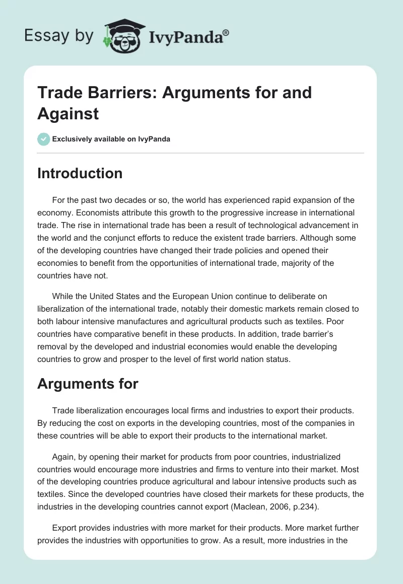 Trade Barriers: Arguments For and Against. Page 1