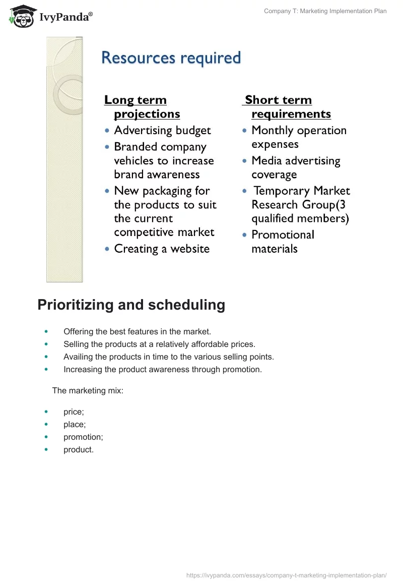 Company T: Marketing Implementation Plan. Page 3