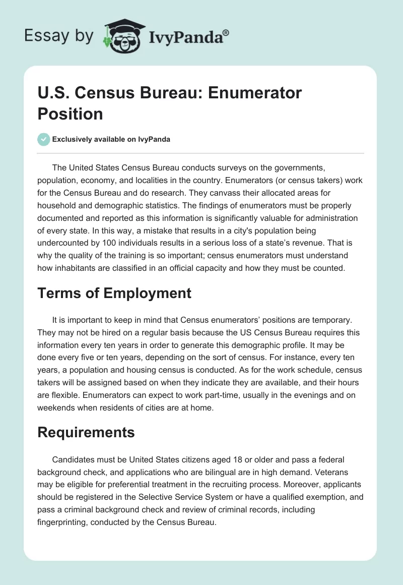 U.S. Census Bureau: Enumerator Position. Page 1
