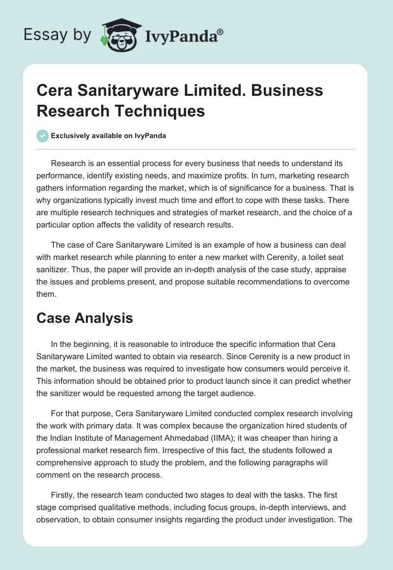 Cera Sanitaryware Limited. Business Research Techniques. Page 1