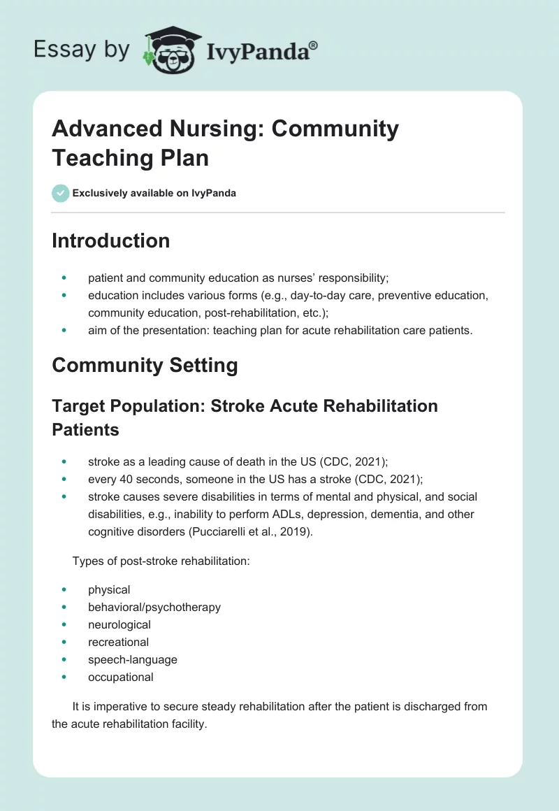 Advanced Nursing: Community Teaching Plan. Page 1