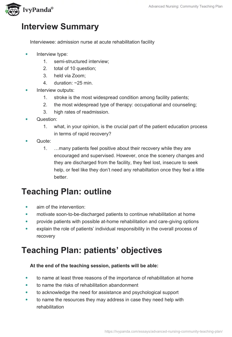 Advanced Nursing: Community Teaching Plan. Page 2