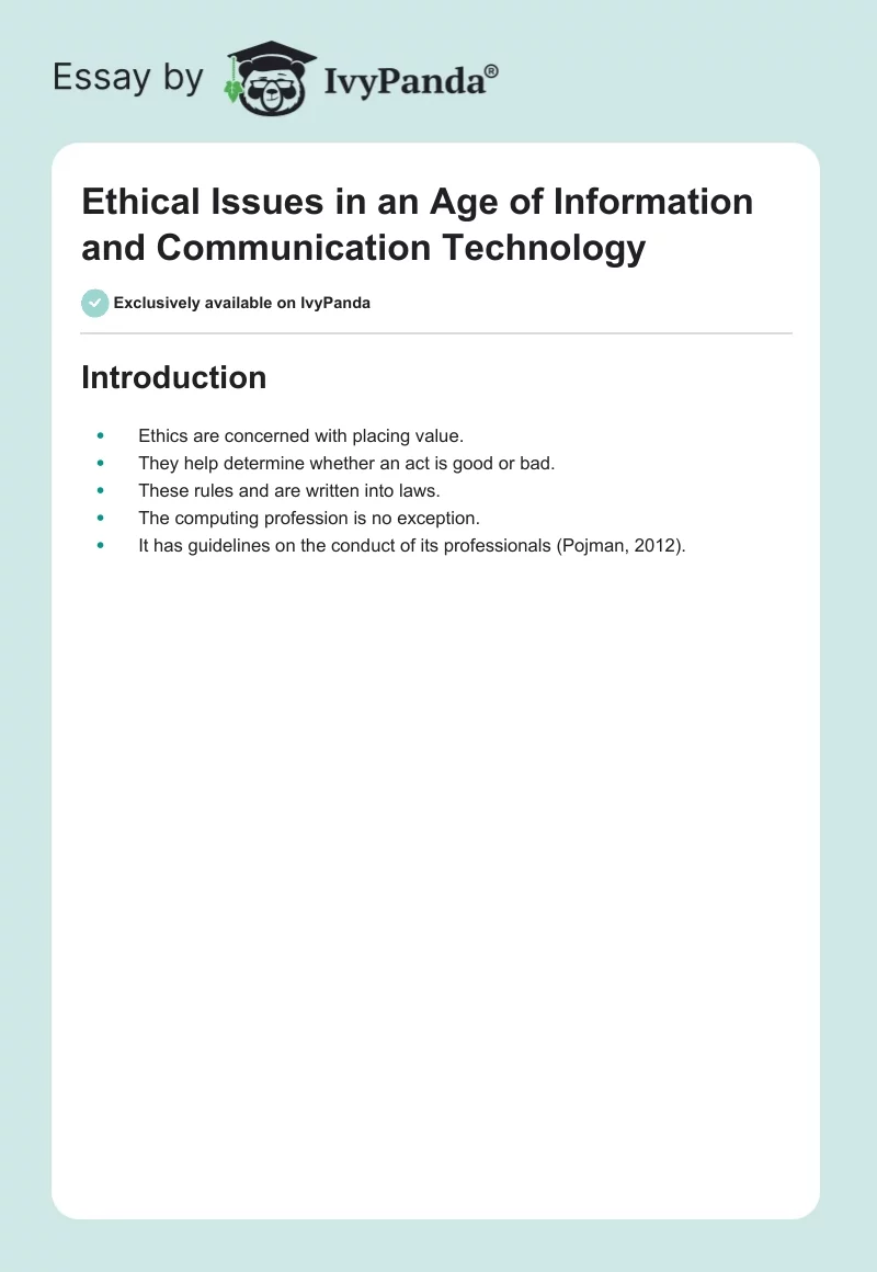 Ethical Issues in an Age of Information and Communication Technology. Page 1