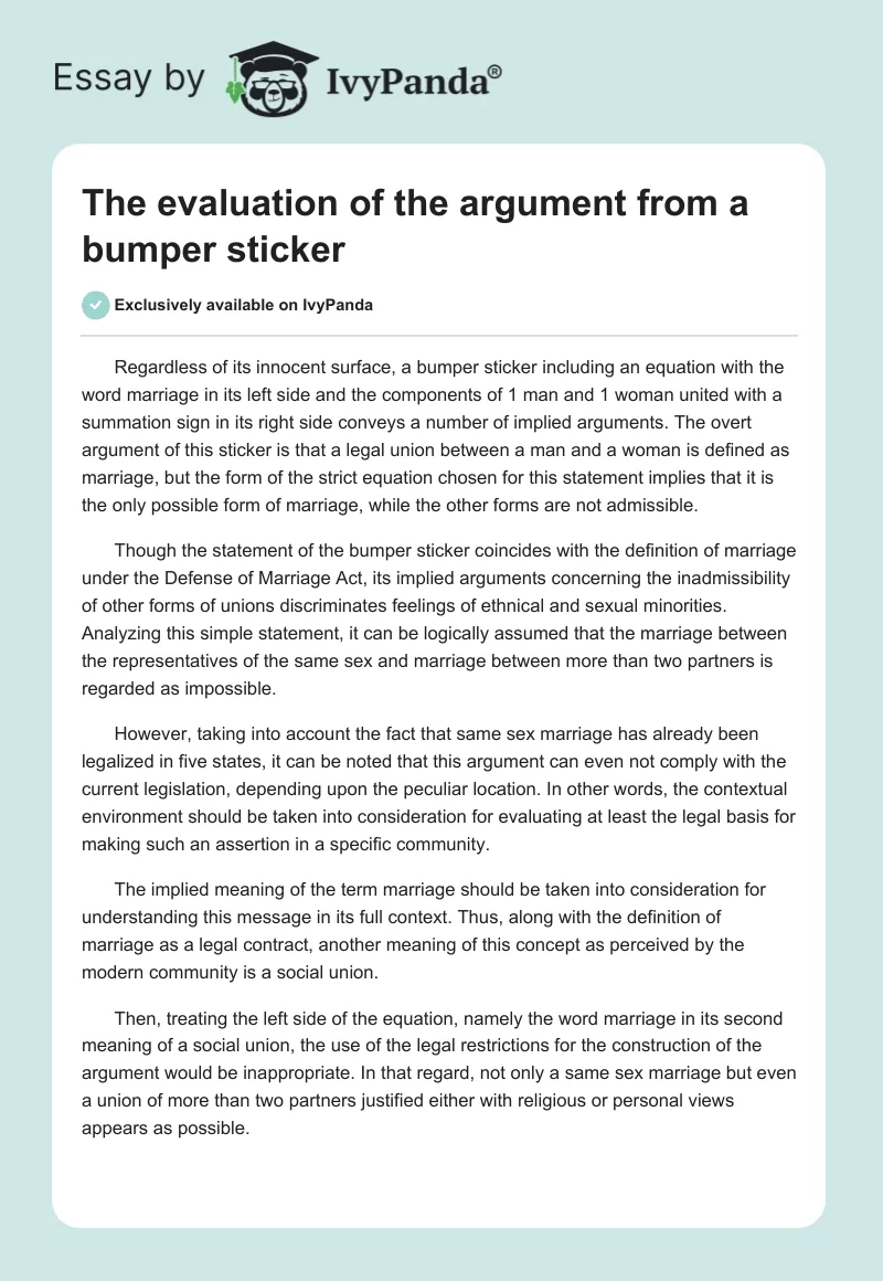 The evaluation of the argument from a bumper sticker. Page 1