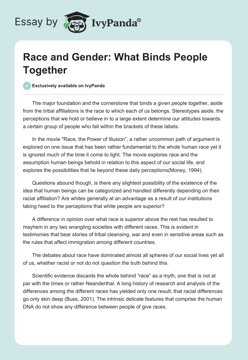 Race and Gender: What Binds People Together. Page 1